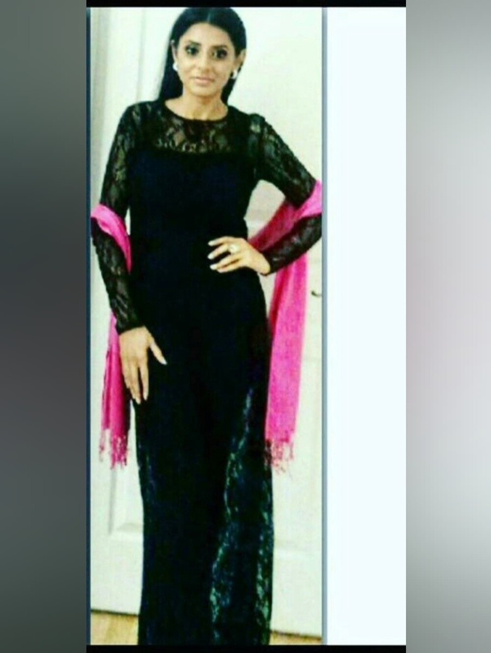 Black Lace Evening Dress with Pink Shawl
